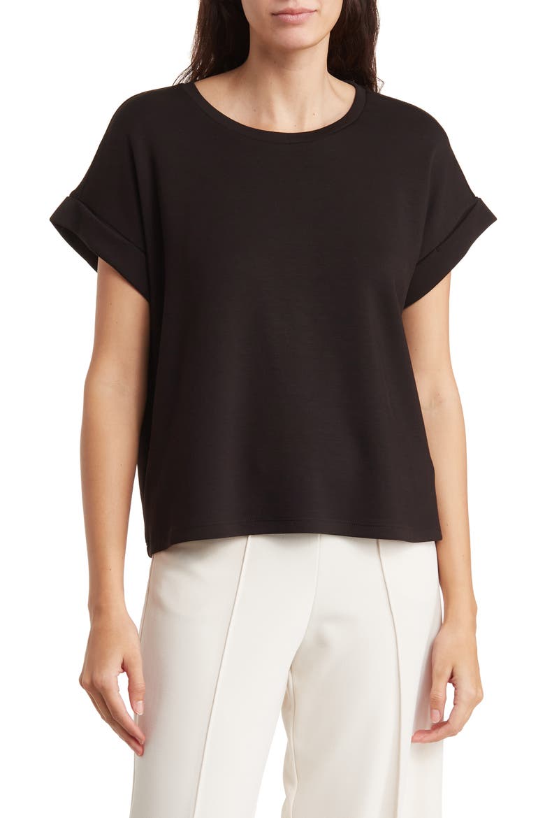 Roll Sleeve Scuba Top, Main, color, BLACK