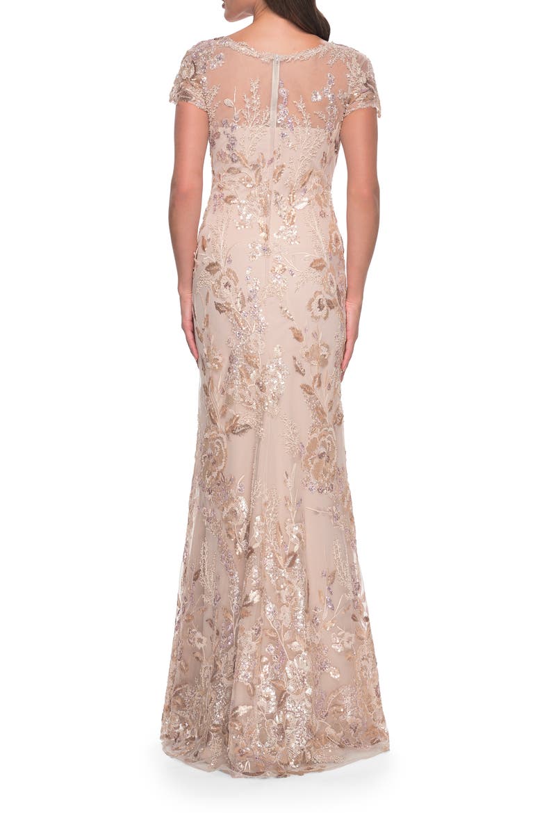 Fitted Chic Beaded Dress with Illusion Neckline and Short Sleeves, Alternate, color, Champagne