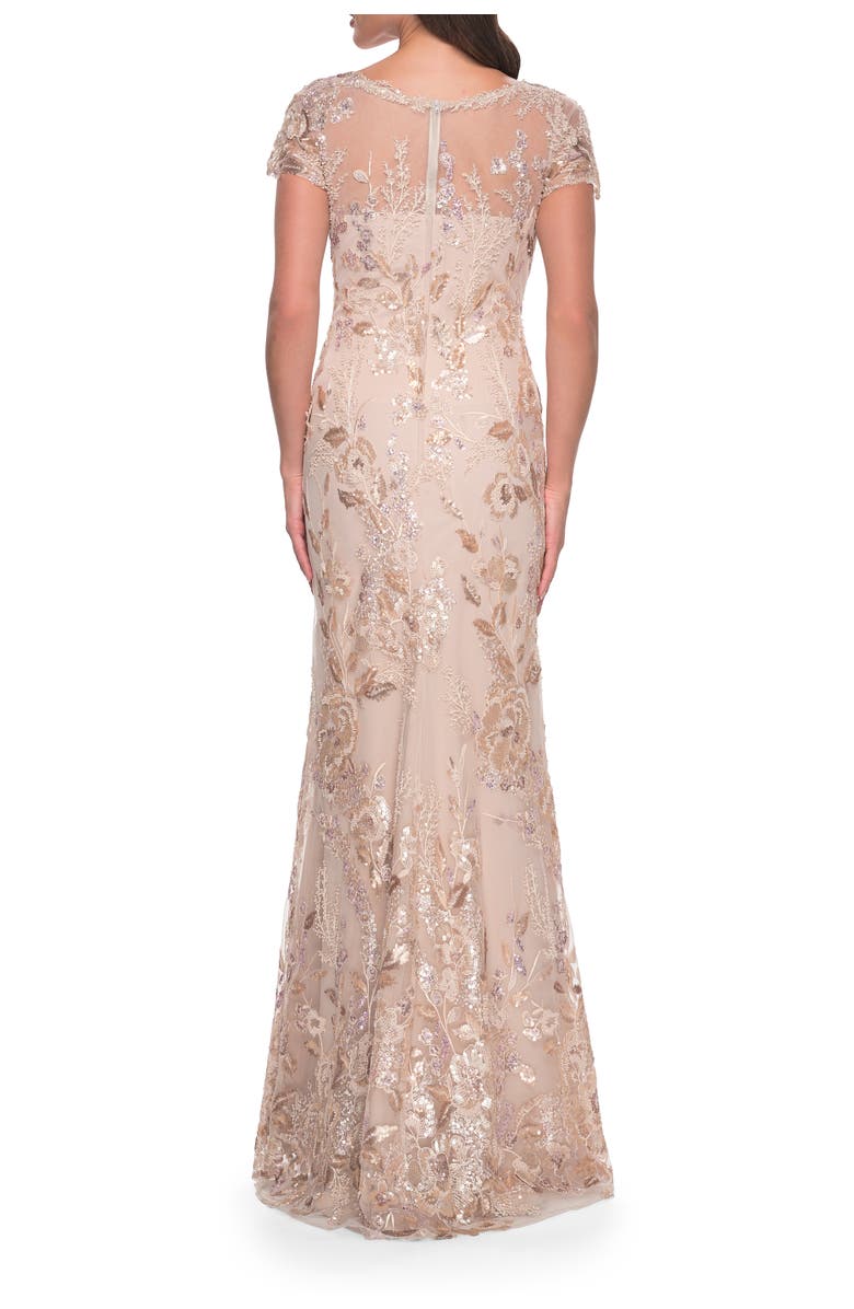 La Femme Fitted Chic Beaded Dress with Illusion Neckline and Short Sleeves, Alternate, color, Champagne