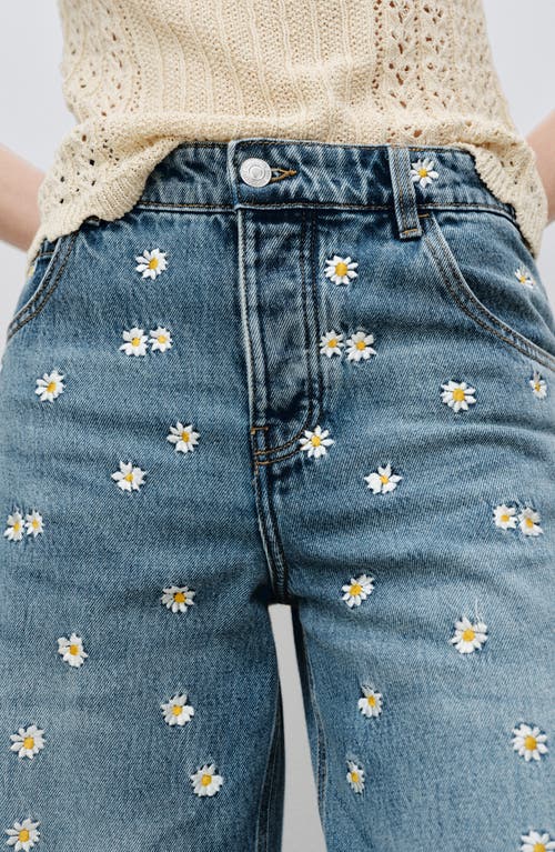 Mango Massy Daisy Embroidered Wide Leg Jeans In Medium Blue