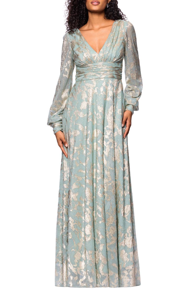 Betsy & Adam Foil Pattern Long Sleeve Gown, Main, color, Sage/ Gold