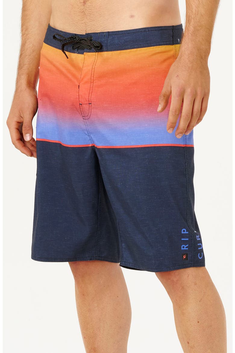 Dawn Patrol Colorblock Print Swim Trunks, Alternate, color, HOT CORAL