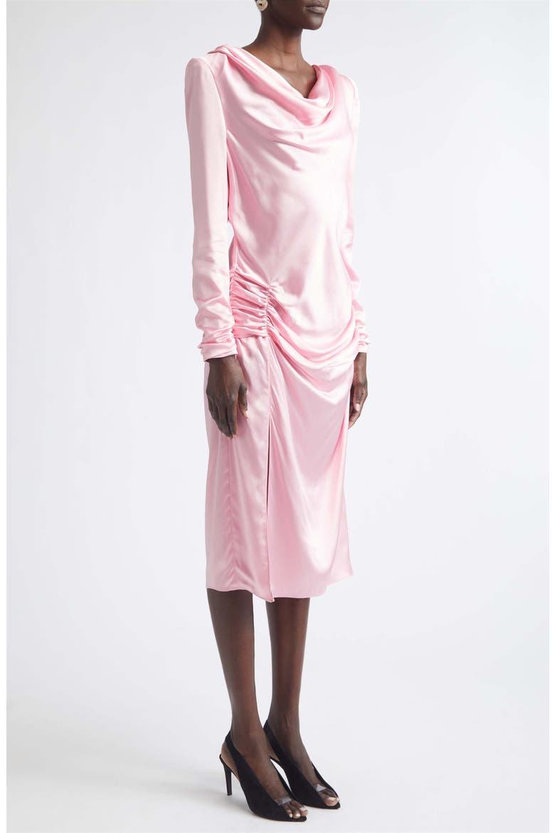 Draped Long Sleeve Silk Satin Dress, Alternate, color, PINK