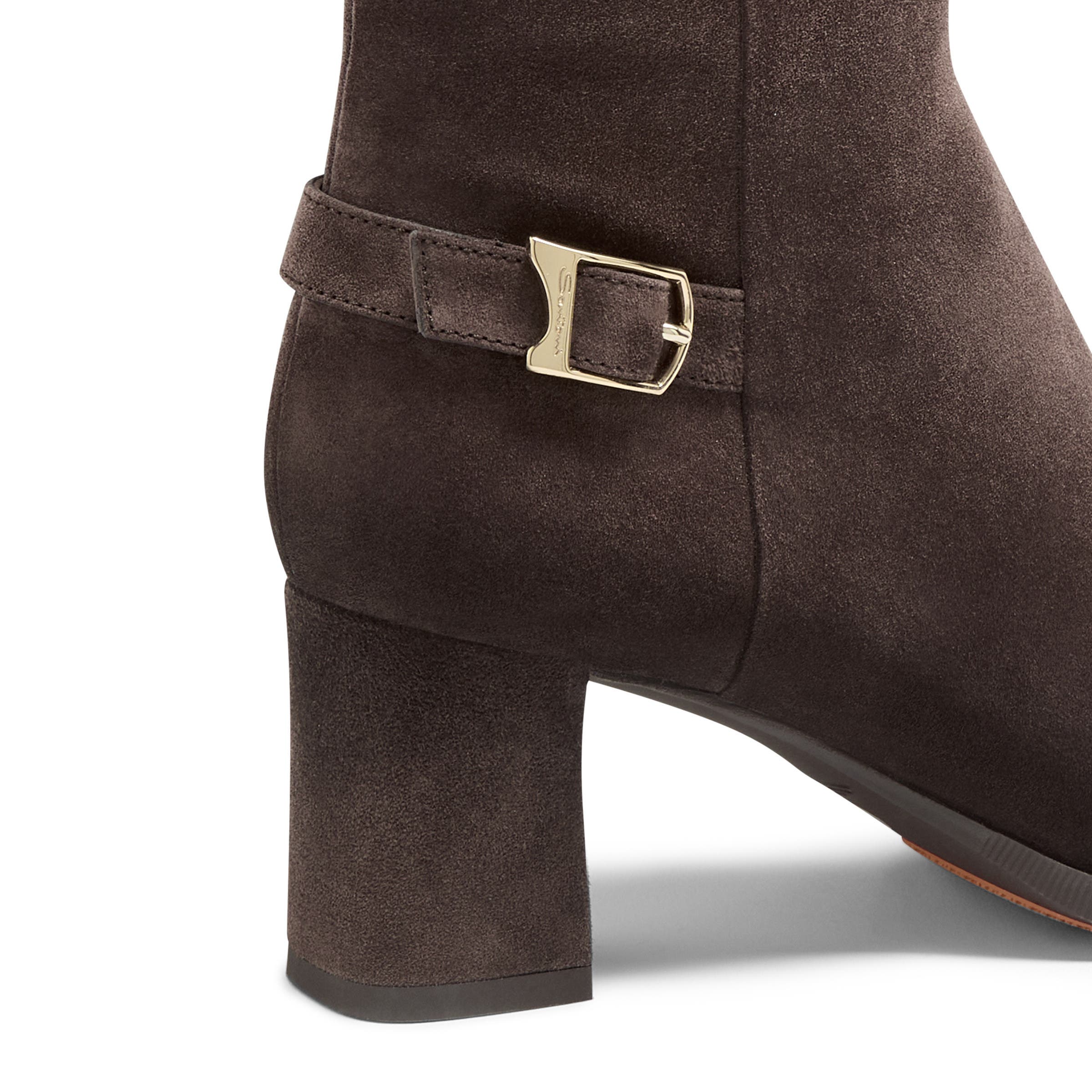 Women's Suede Mid-Heel Ankle Boot with Decorative Strap, Alternate, color, Dark Brown