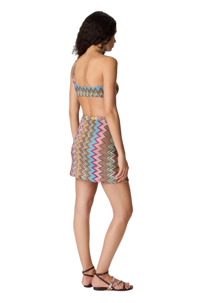 Mini Pareo Skirt In Lamé Viscose With Macro Zigzag Pattern, Alternate, color, Black & Multicoloured