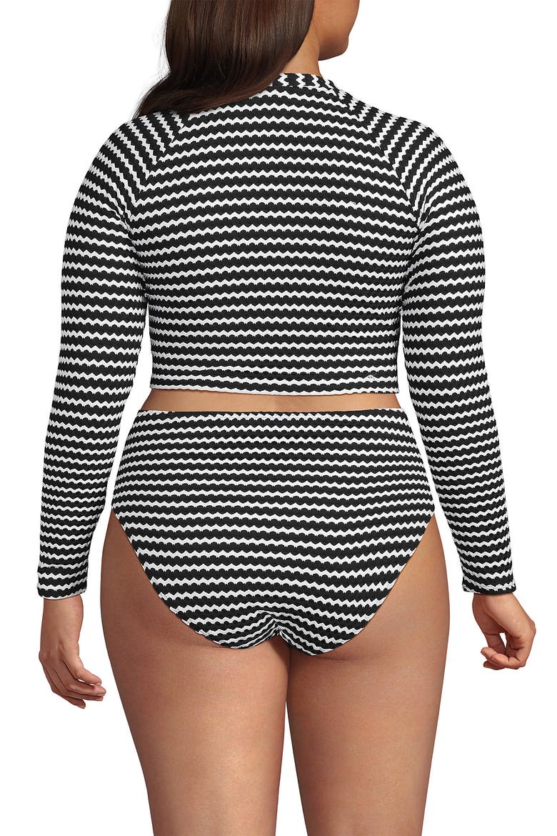 Crochet Long Sleeve Bikini Top and High Waisted Bottoms Swimsuit Set, Alternate, color, Black/White