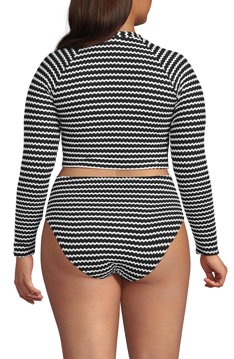 Lands' End Crochet Long Sleeve Bikini Top and High Waisted Bottoms Swimsuit Set, Alternate, color, Black/White
