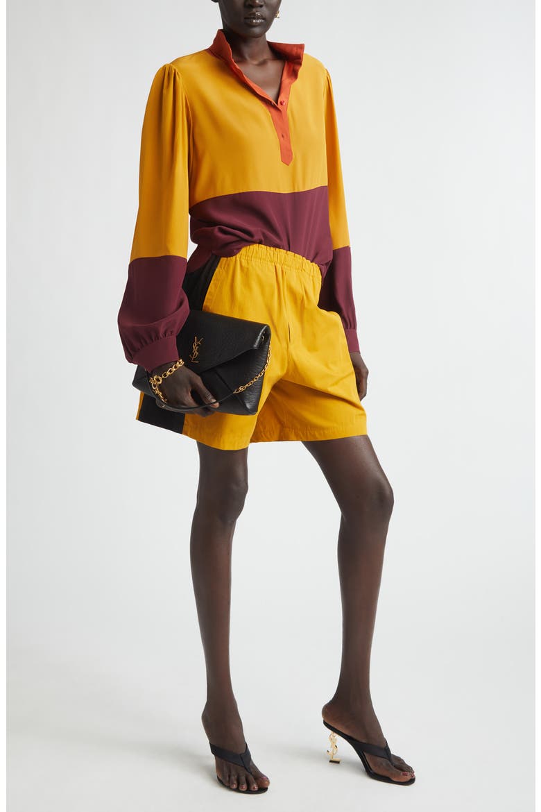 Colorblock Silk Crêpe de Chine Half-Placket Shirt, Alternate, color, LIE DE VIN