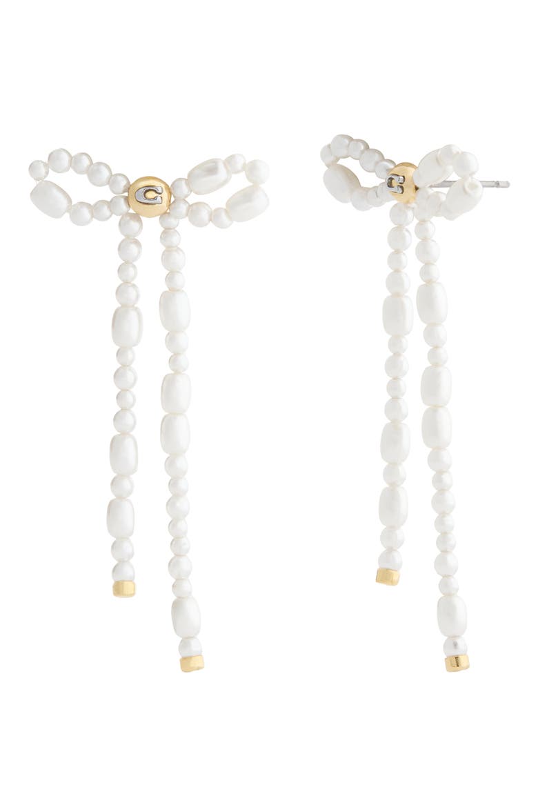 Signature C Faux Pearl Bow Drop Earrings, Main, color, PEARL/ GOLD