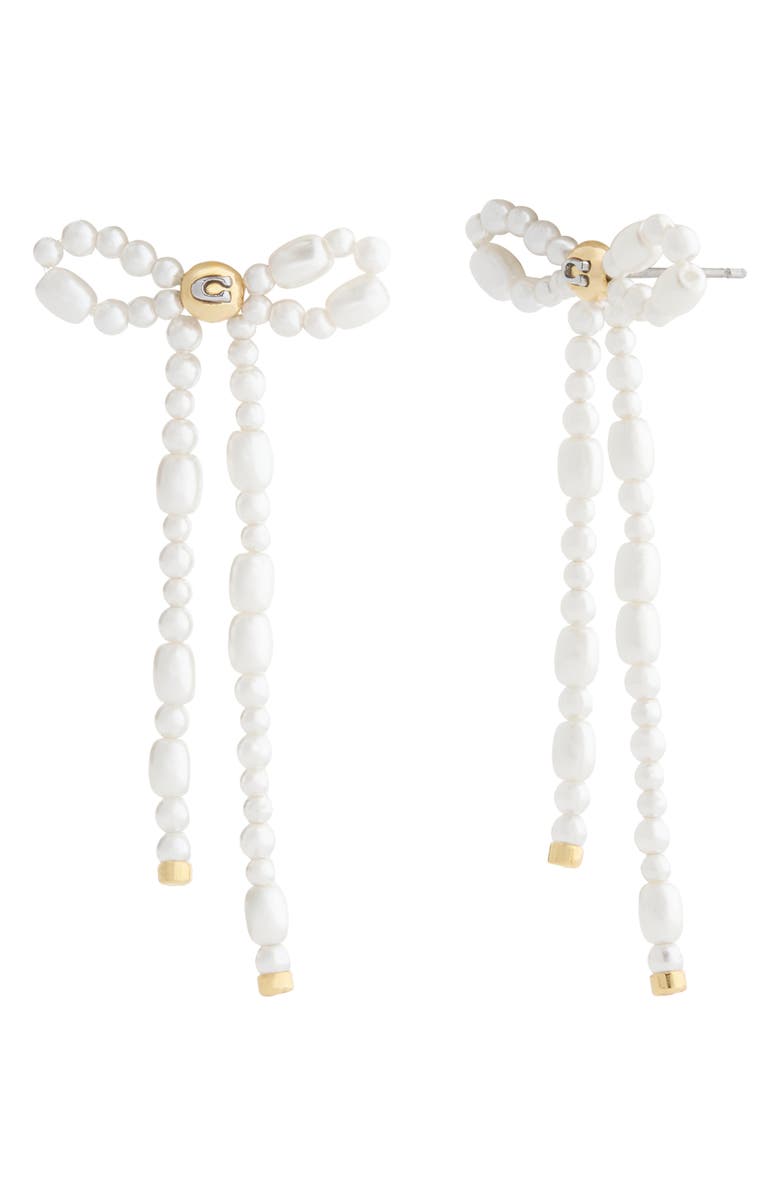 COACH Signature C Faux Pearl Bow Drop Earrings, Main, color, Pearl/ Gold