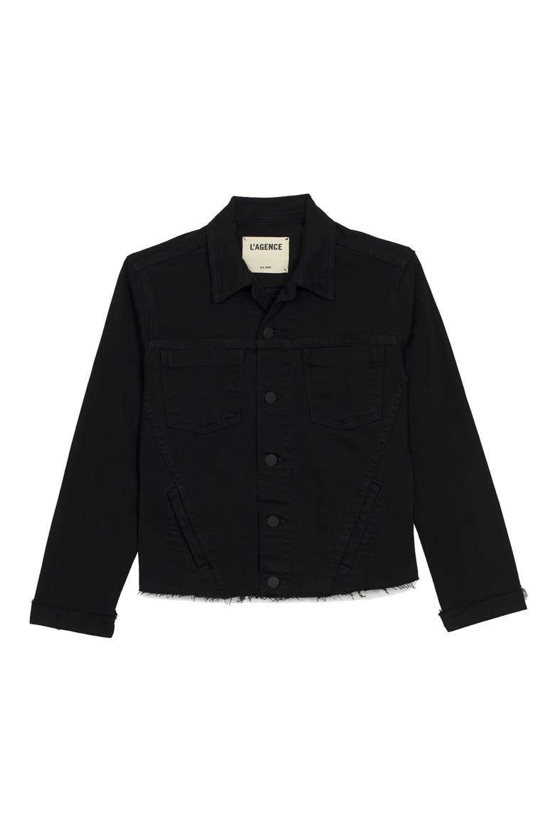 Janelle Slim Raw Hem Denim Jacket, Main, color, SATURATED