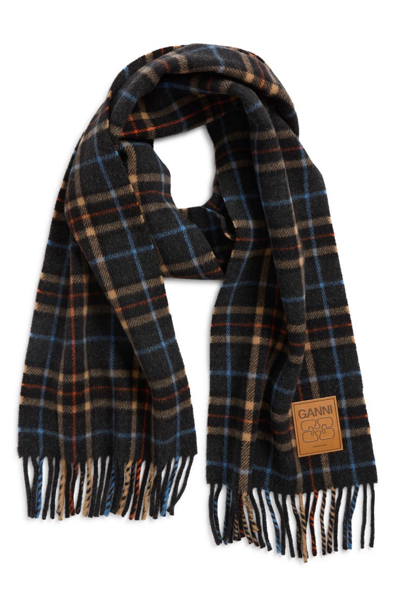 Ganni Check Double Face Wool Scarf, Alternate, color, Charcoal Grey