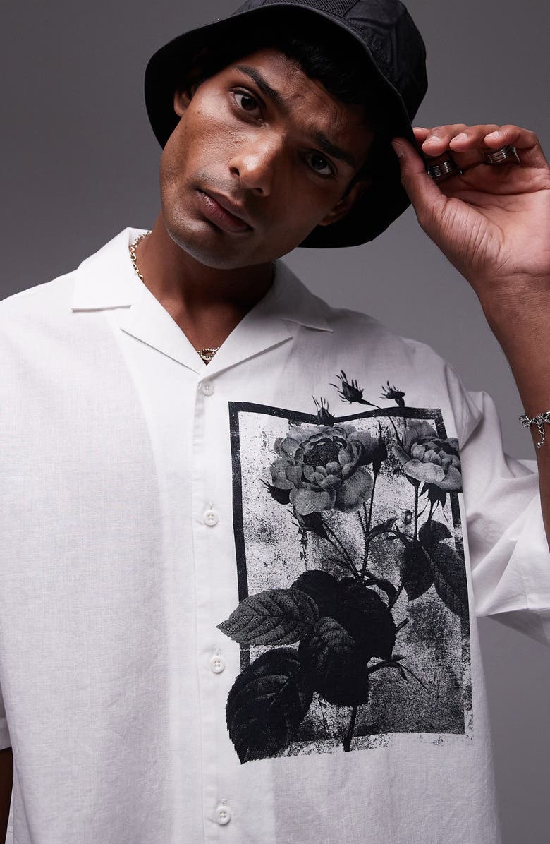 Topman Floral Print Placement Camp Shirt, Alternate, color, White