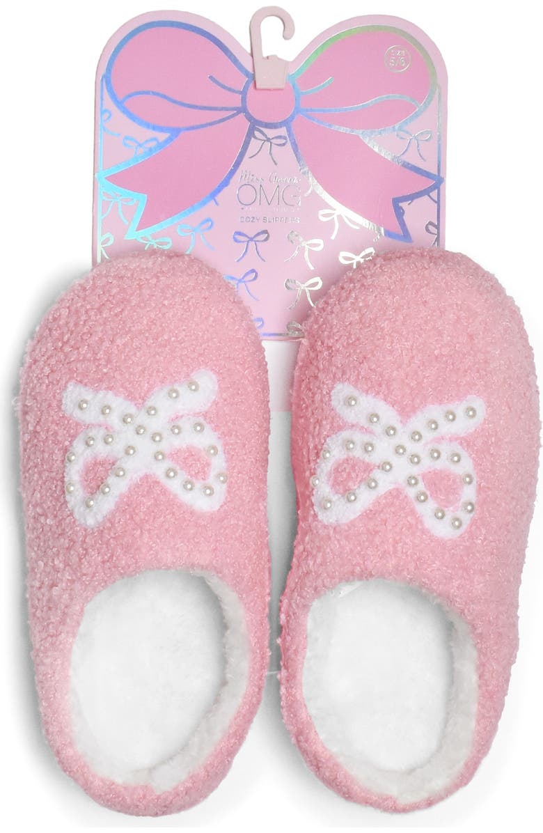 OMG Accessories Kids' Faux Pearl Bow Faux Shearling Slipper, Main, color, Bubble Gum