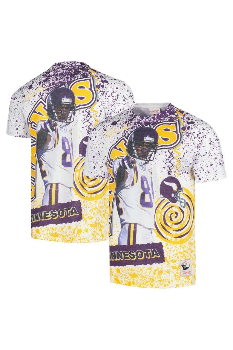 Men's Mitchell & Ness Randy Moss White Minnesota Vikings Retired Player Name & Number Burst T-Shirt, Main, color, White