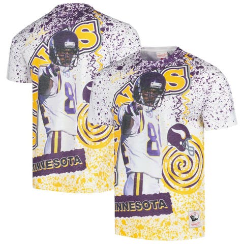 Men's Mitchell & Ness Randy Moss White Minnesota Vikings Retired Player Name & Number Burst T-Shirt