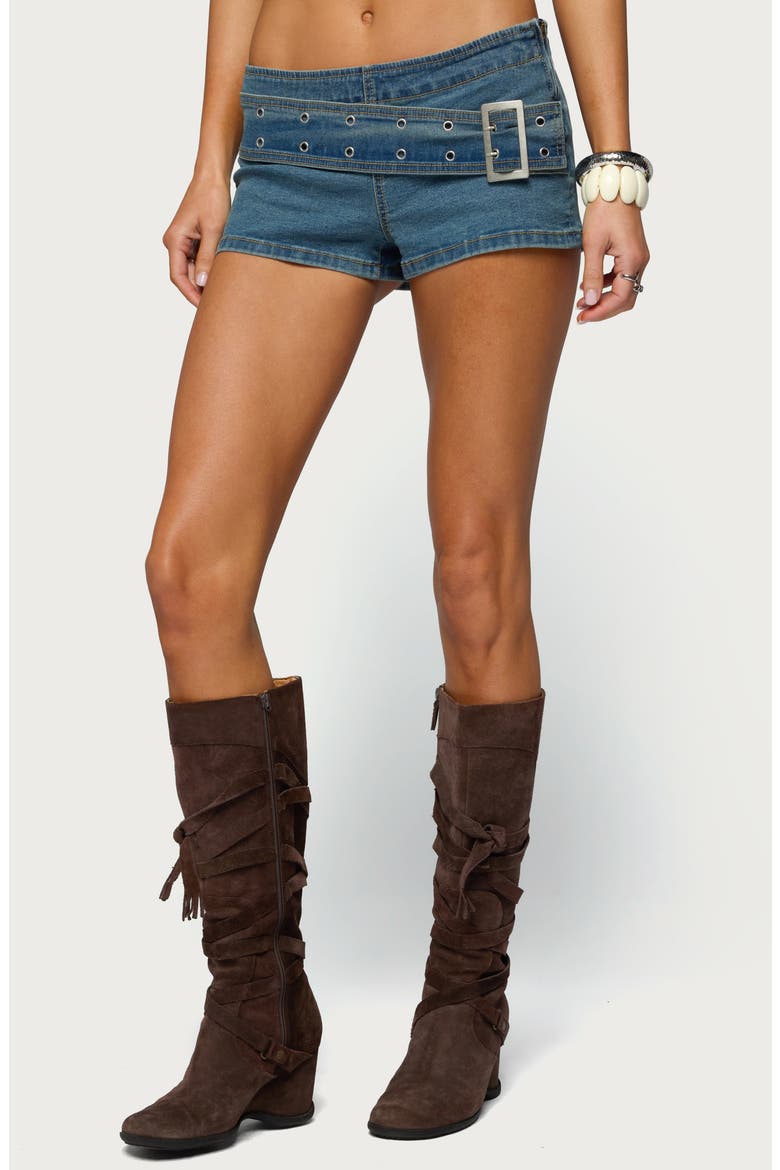 Asymmetric Belted Low Rise Denim Micro Shorts, Main, color, BLUE
