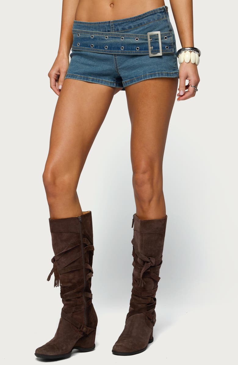 EDIKTED Asymmetric Belted Low Rise Denim Micro Shorts, Main, color, 