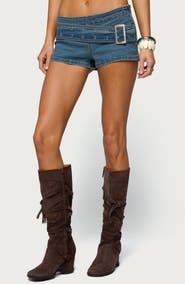 EDIKTED Asymmetric Belted Low Rise Denim Micro Shorts