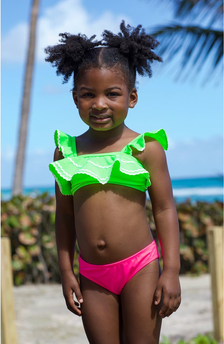 NESSI BYRD Neon, Bandeau, Ruffle Ric-Rac Trim Two Piece Bikini, Little Kid-Big Kid, Alternate, color, Multicolor