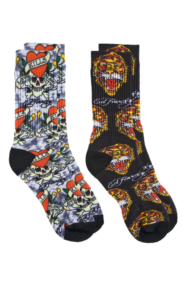 Ed Hardy 360 Print Full Cushion Crew Sock 2-Pack, Alternate, color, Grey
