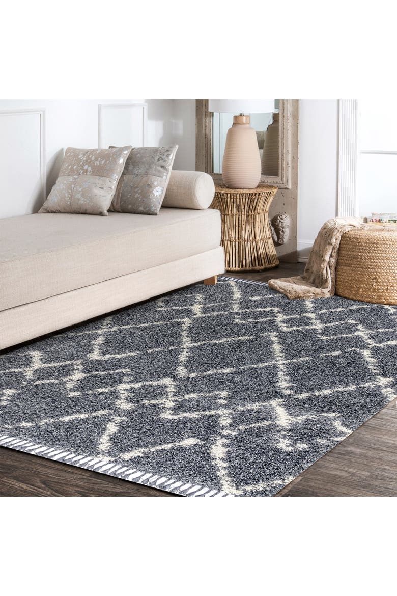 Mercer Shag Plush Tassel Moroccan  Geometric Trellis Area Rug, Alternate, color, Blue/Cream