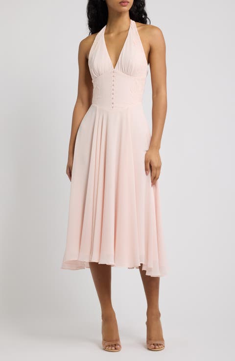 Coco Pink Georgette Lace Fit & Flare Midi Dress