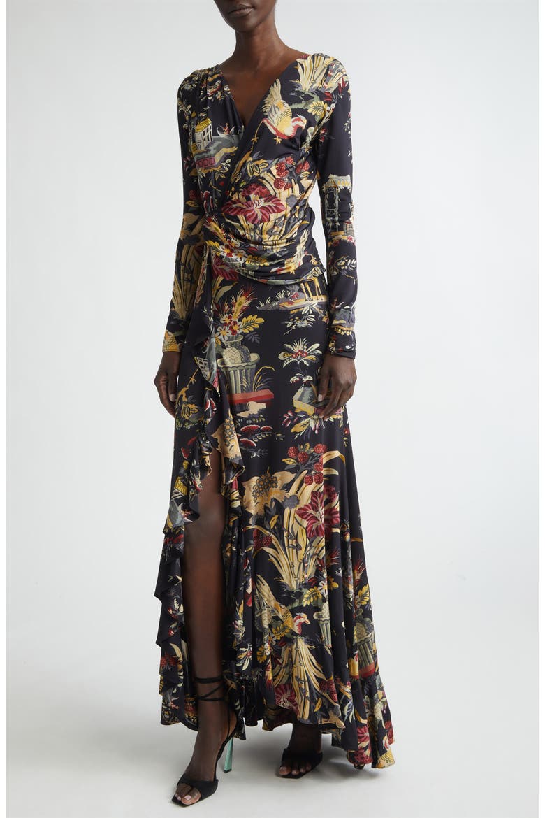 Placed Print Long Sleeve Jersey Maxi Wrap Dress, Alternate, color, BLACK