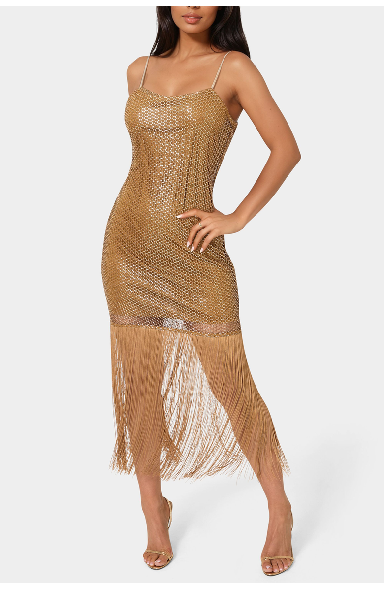 bebe Sequin Crotche Fringe Dress, Main, color, Bronze