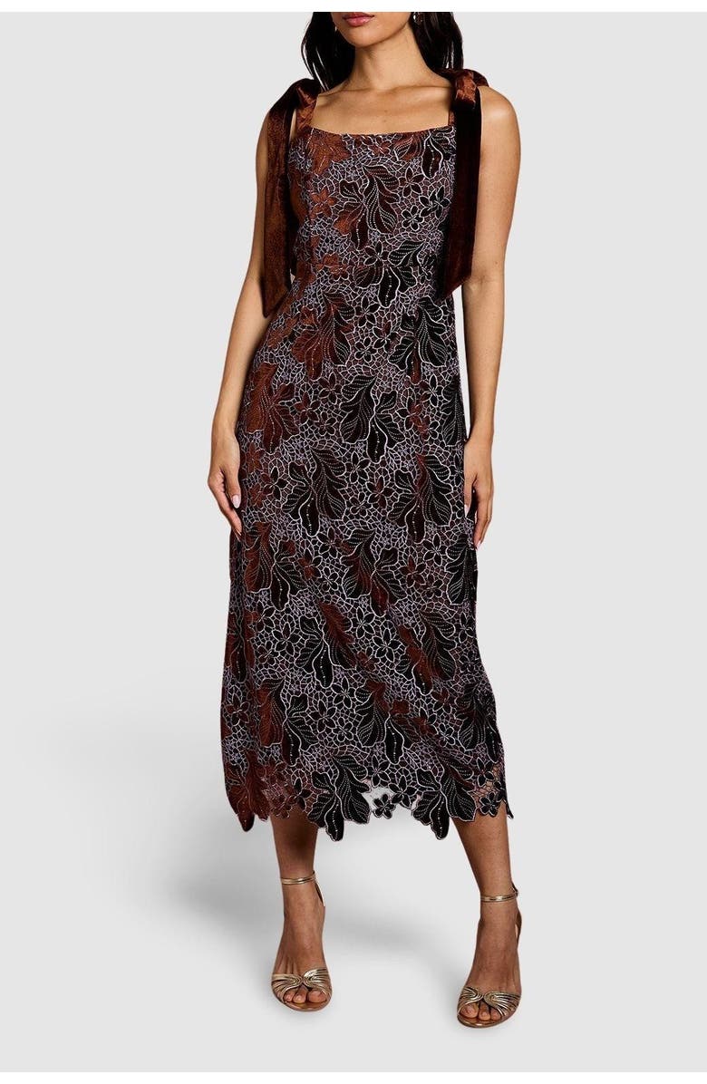 Coast Velvet Lace Tie Shoulder Midi Dress, Alternate, color, Toffee