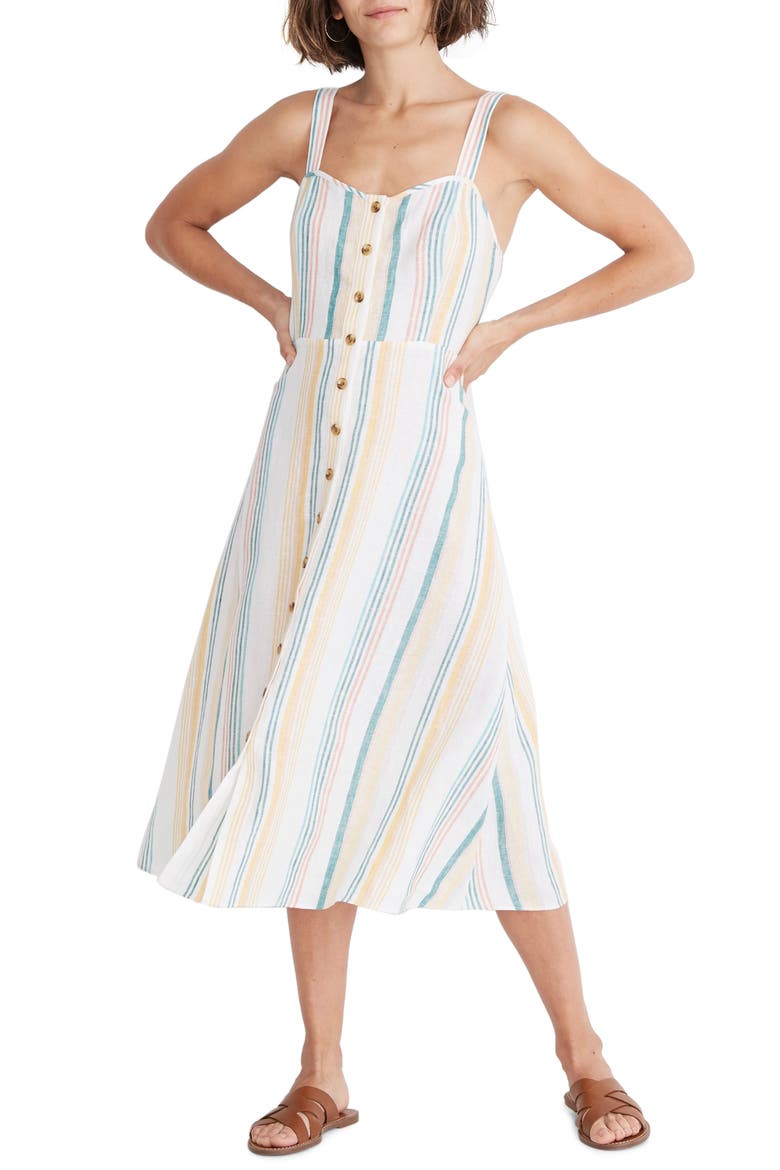 Rainbow Stripe Linen Midi Dress, Main, color, PALE PARCHMENT CARNIVAL STRIPE