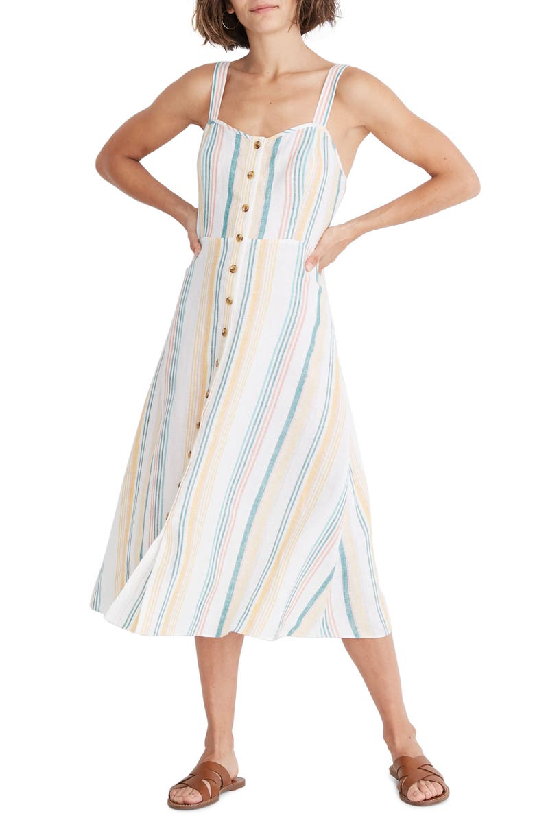 Madewell Rainbow Stripe Linen Midi Dress, Main, color,
