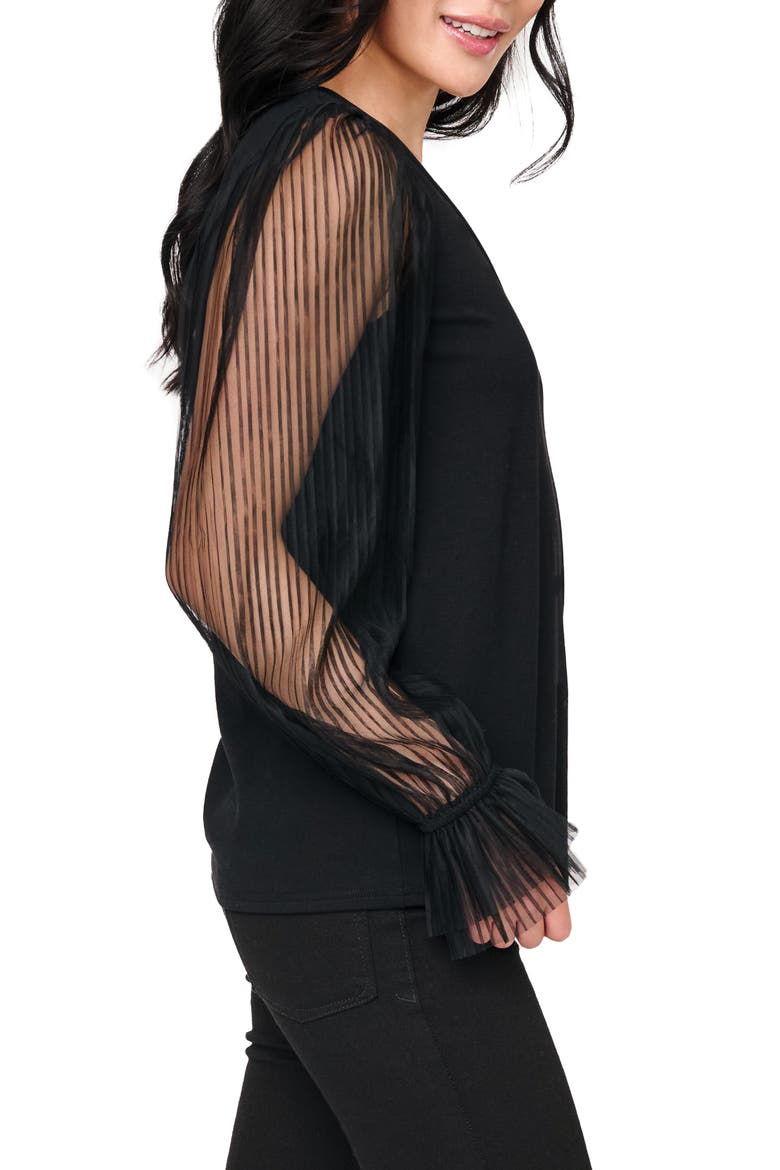 Pleated Bell Sleeve Stretch Cotton Ponte Top, Alternate, color, BLACK
