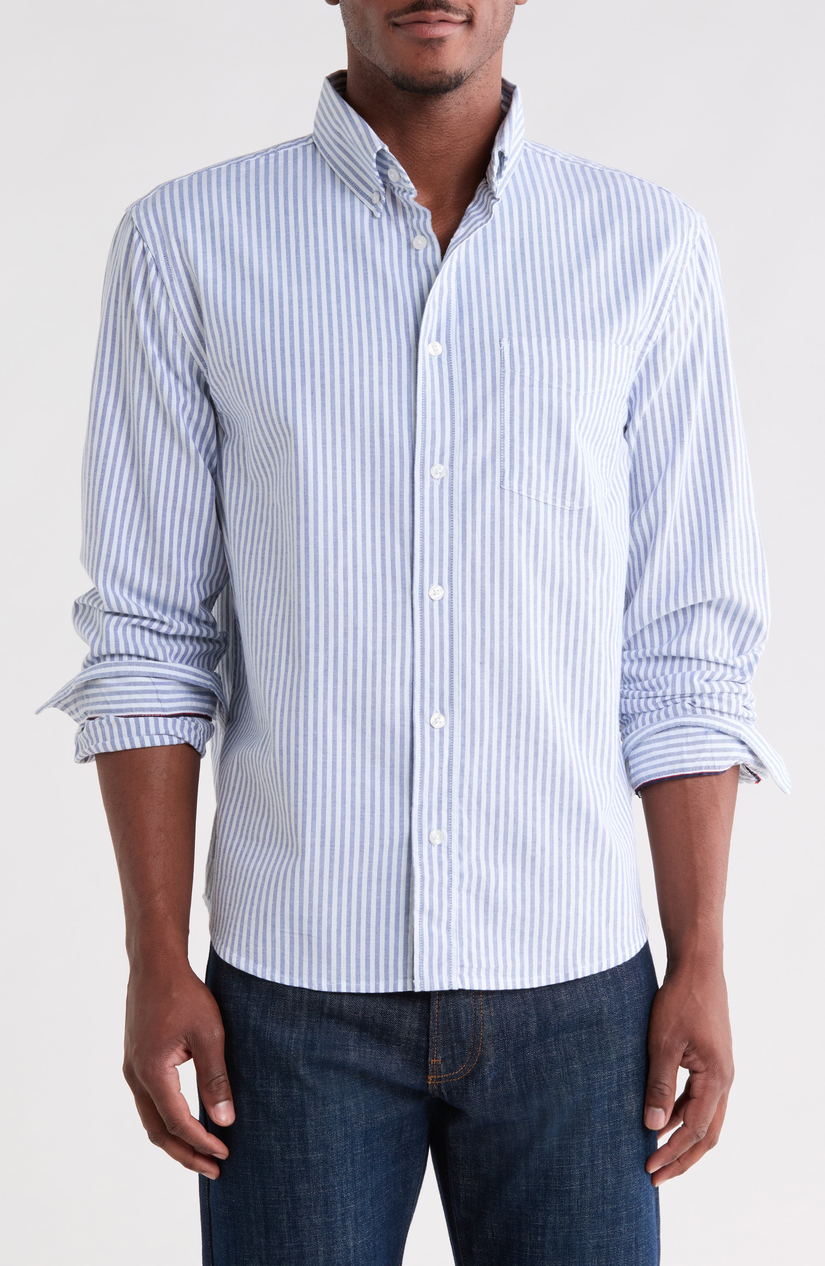 Stripe Stretch Cotton Long Sleeve Button-Down Shirt