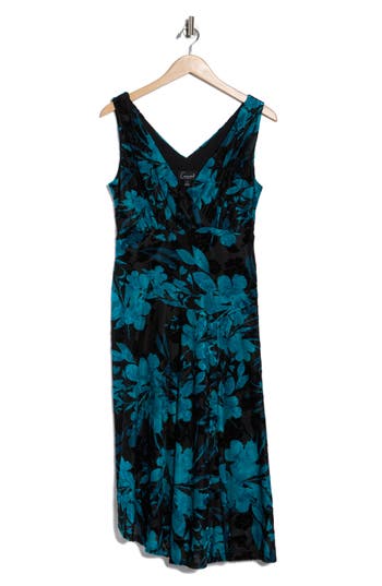 Connected Apparel Velvet Burnout Midi Dress In Blue