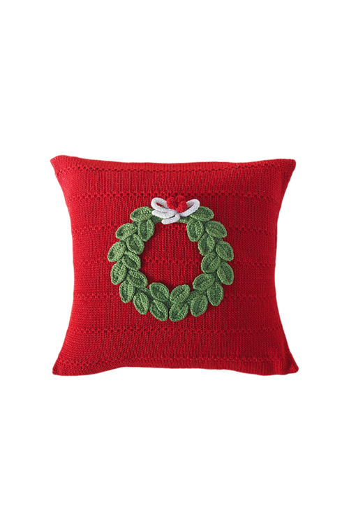 Melange Collection 10" Green Wreath Pillow in Red 