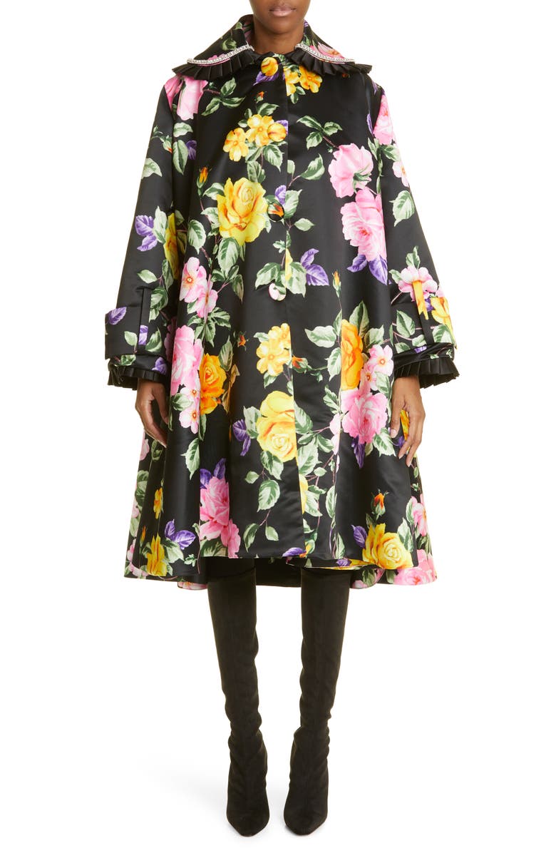 Richard Quinn Ella Floral Print Crystal Embellished Ruffle Trim Coat, Main, color, 