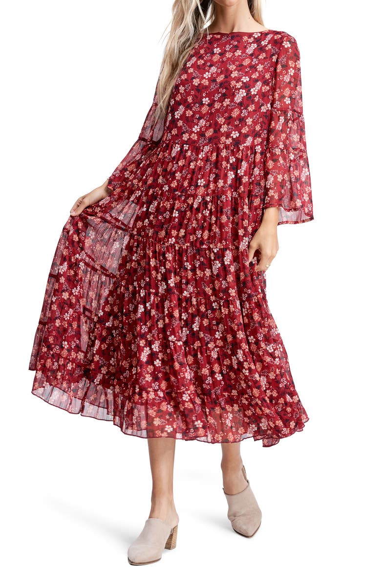 Floral Tiered Midi Dress, Main, color, RED