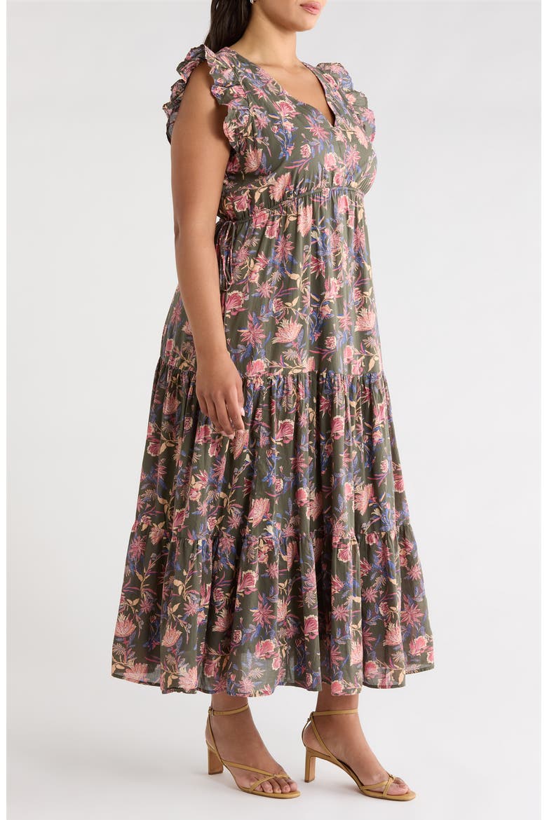 Floral Print Flutter Sleeve Maxi Dress, Alternate, color, OLIVE FROU FLORAL