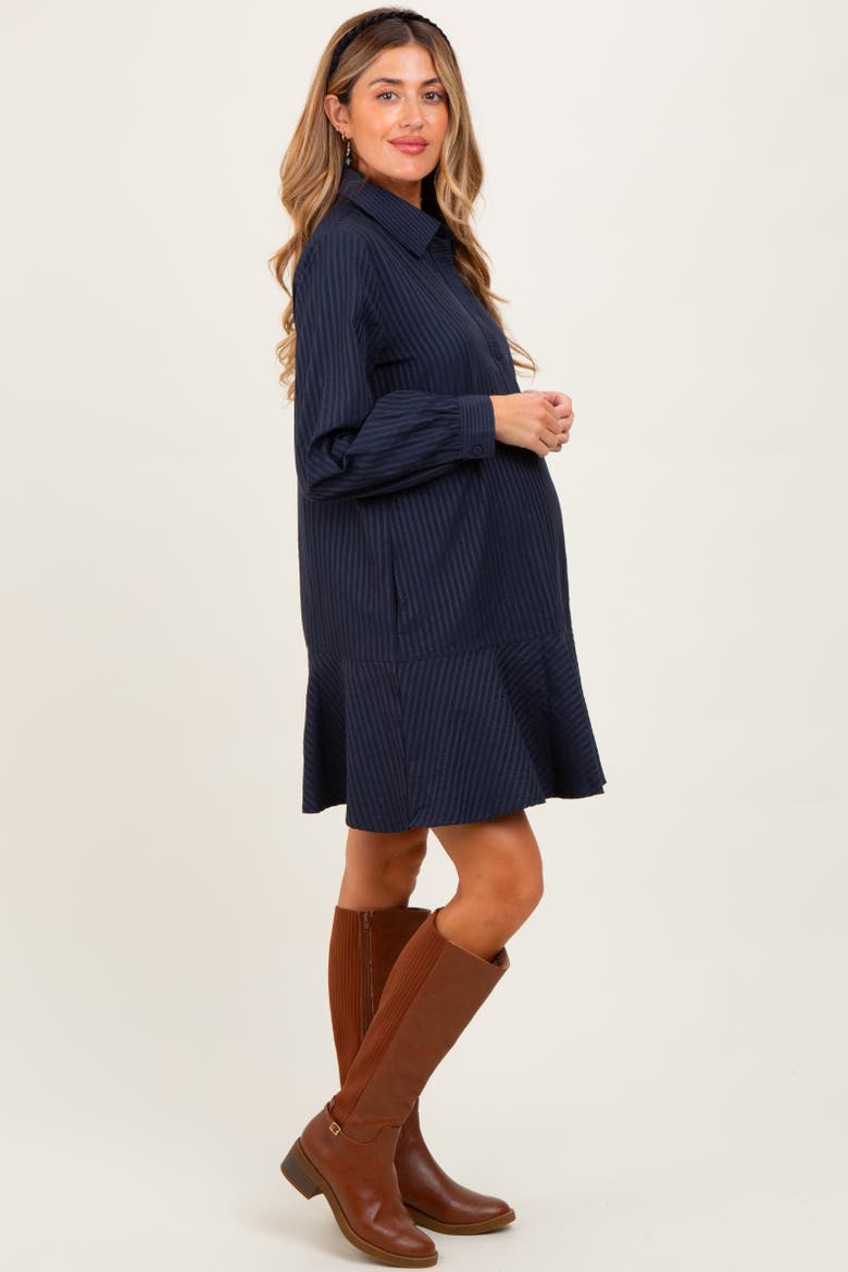 Striped Long Sleeve Drop Waist Polo Dress, Alternate, color, Navy Blue