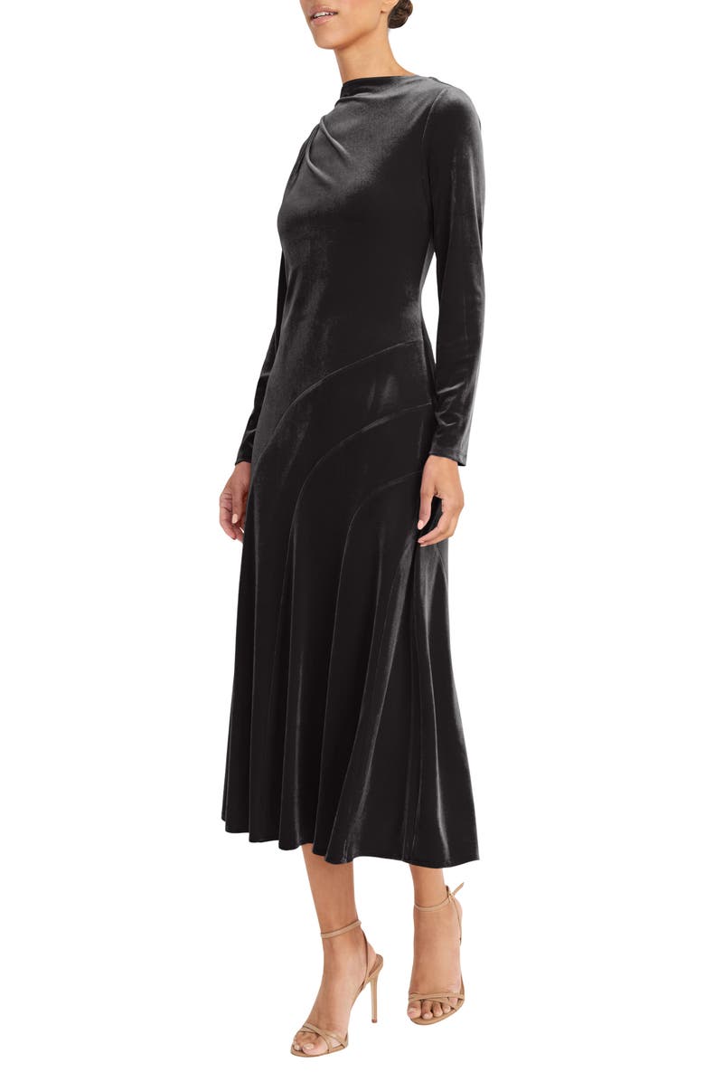 Maggy London Long Sleeve Velvet A-Line Midi Dress, Alternate, color, Black