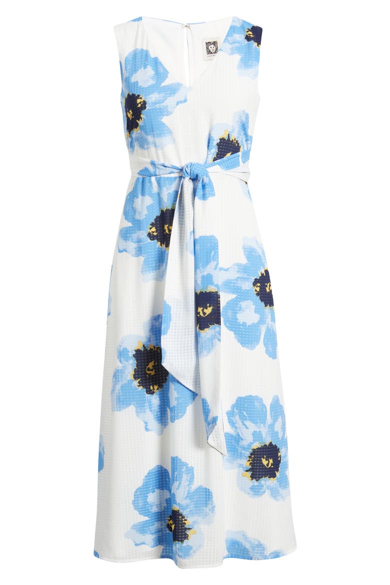 Floral Tie Belt Midi Dress, Alternate, color, BRIGHT WHITE/ SHORE BLUE