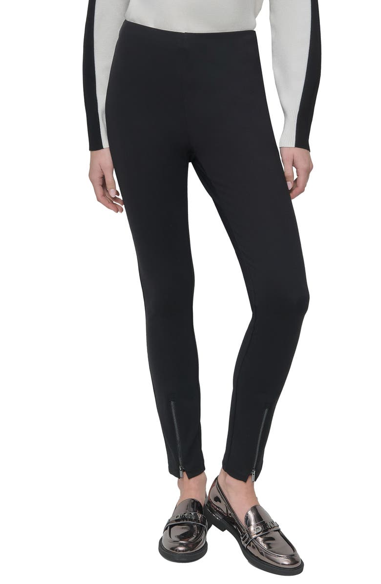 DKNY Exposed Zip Hem Ponte Pants, Main, color, Black