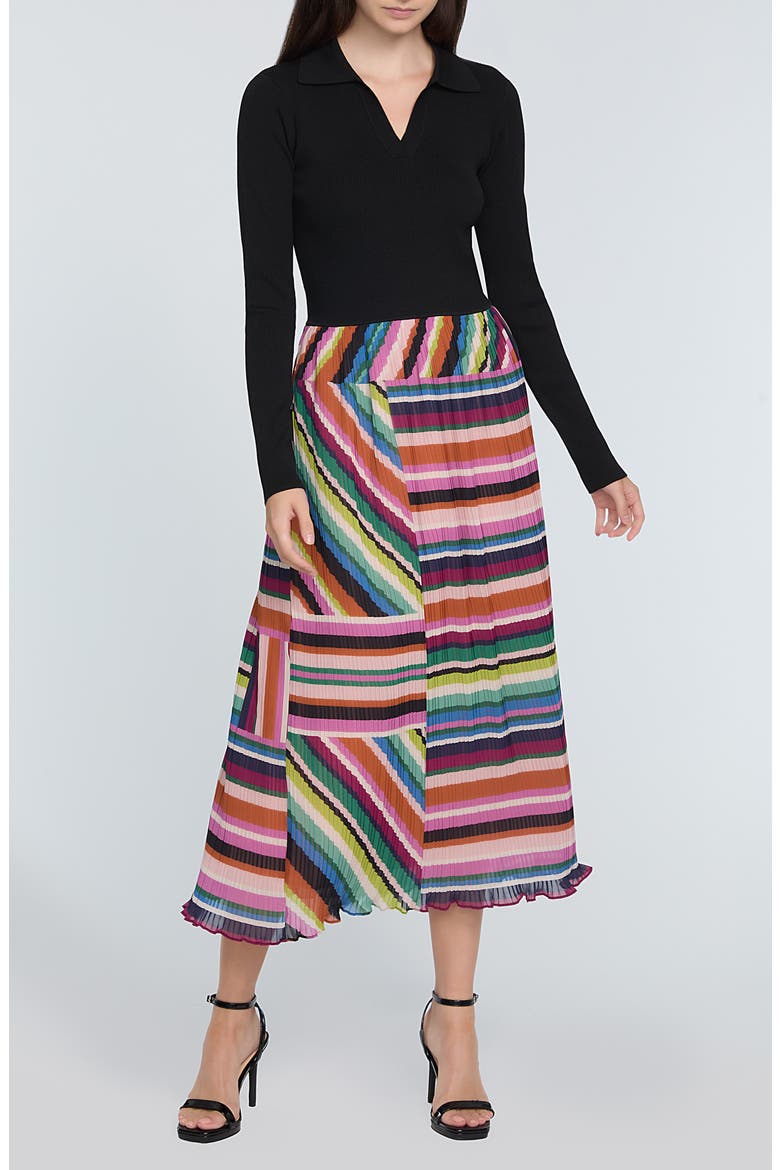 The Maeve Mixed Media Long Sleeve Midi Dress, Main, color, NOIR WITH VENUS STRIPE