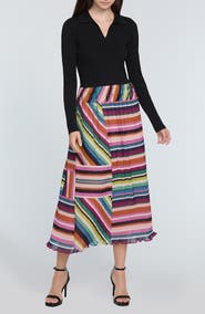 Elie Tahari The Maeve Mixed Media Long Sleeve Midi Dress