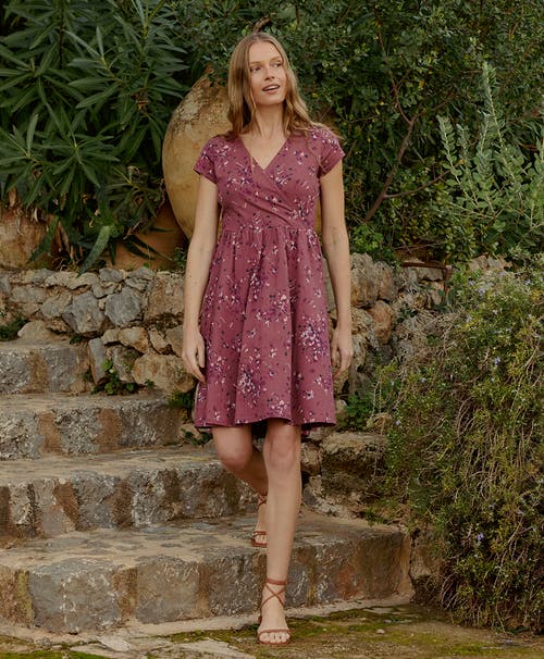 Pact Organic Cotton Fit & Flare Crossover Dress In Dotted Sprays Mauve