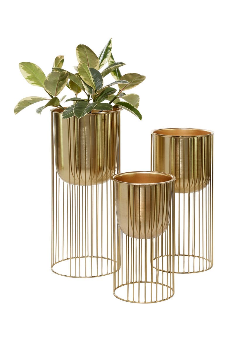 VIVIAN LUNE HOME Goldtone Metal Contemporary Planter with Elevated Caged Stand - Set of 3, Main, color, Gold