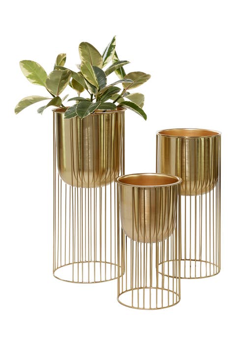 Goldtone Metal Contemporary Planter with Elevated Caged Stand - Set of 3