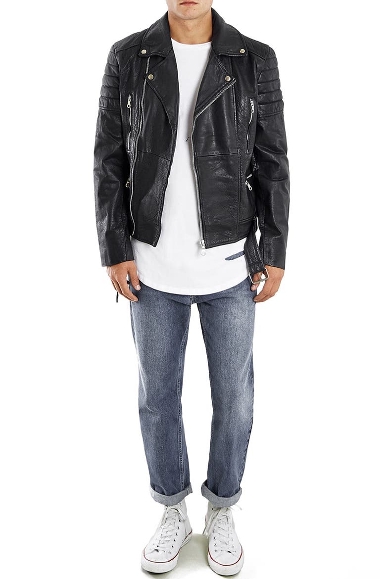 Washed Leather Moto Jacket with Waist Belt, Alternate, color, BLACK