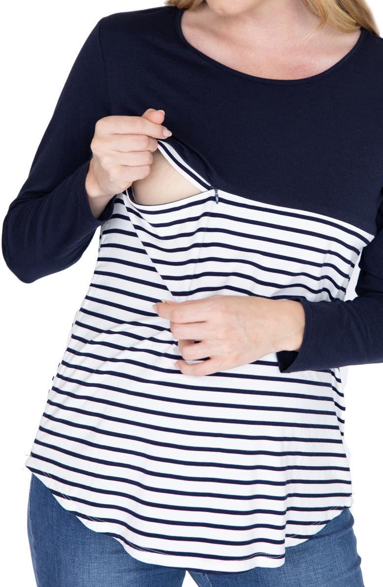 Angel Maternity Solid & Stripe Nursing Top, Alternate, color, Navy